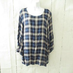 June & Delancey Top 2X Blue Plaid Ruffle Bell Sleeve Plus Size